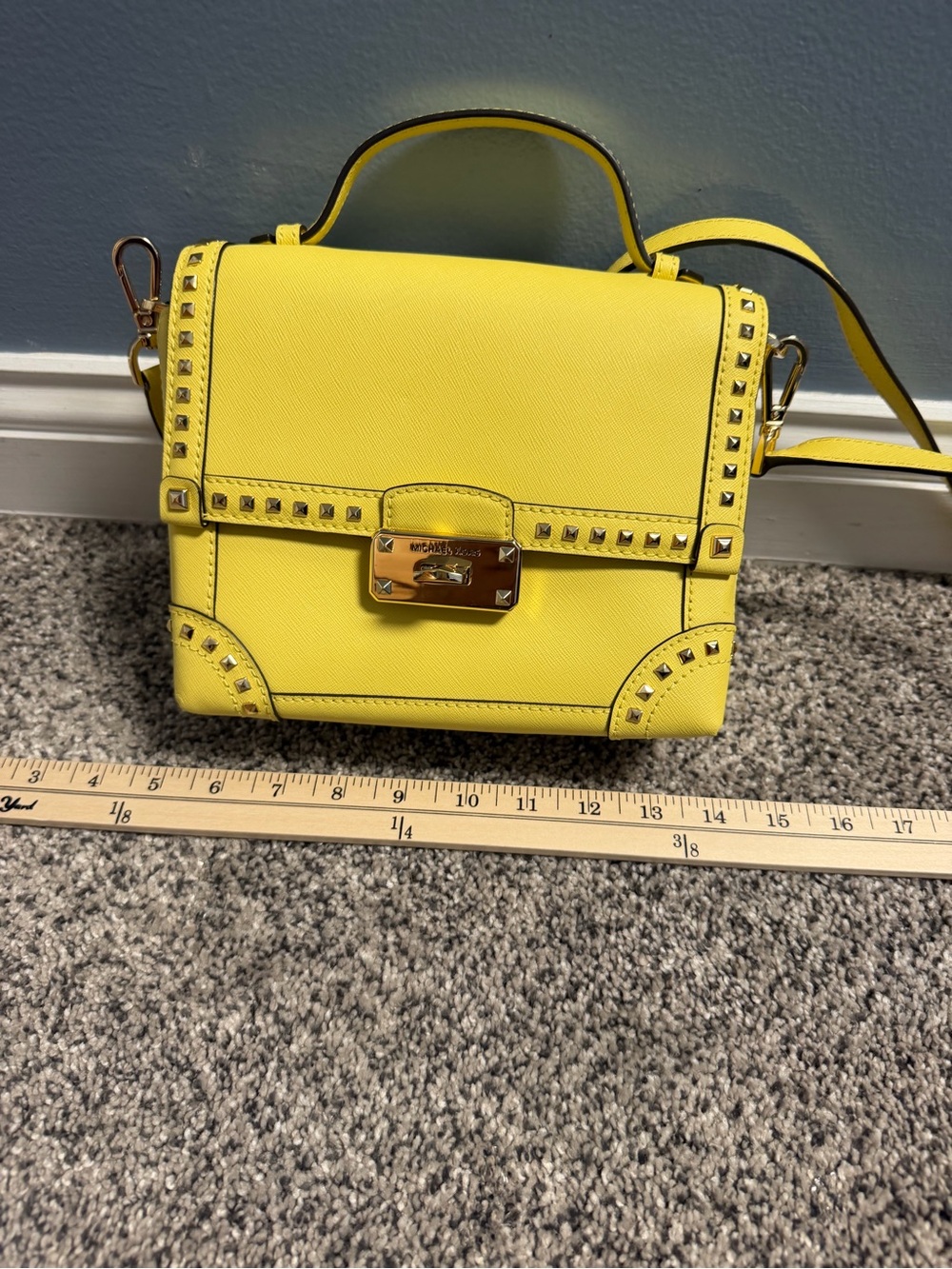 Michael Kors Yellow Studded Leather Satchel with Card Case - Picture 12 of 15